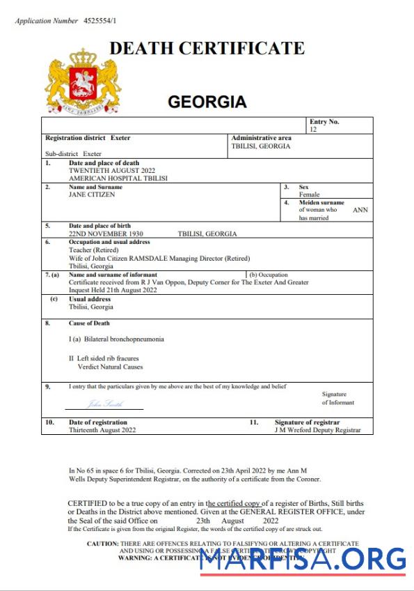 Downloadable Georgia vital record death certificate Word and PDF example